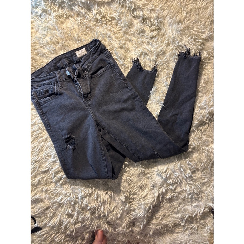 Bridge by GLY Mid Rise Ankle Skinny Jeans Black Distressed Frayed Hem 24